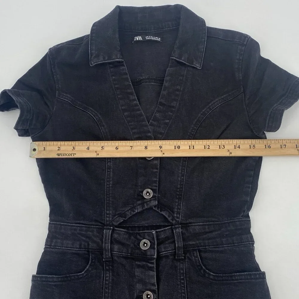 Zara Size Small Black Denim Dress Button Up Short Sleeve Cutout Y2K Grunge